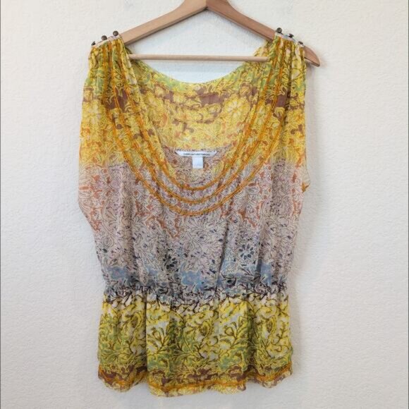 Diane von Furstenberg Silk Beaded Blouse Yellow Multi Top Womens 10 Boho Dreamy - Picture 7 of 8